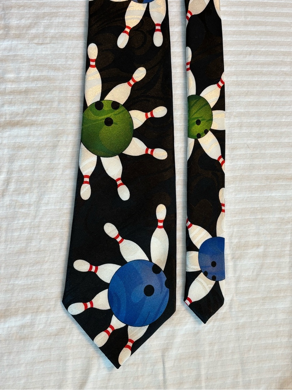 BOWLING BALLS & PINS by FRATELLO Black Blue Green White 100% Polyester Necktie